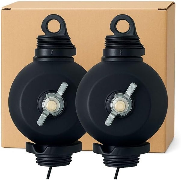 Zwei schwarze Seilzug-Ratschen aus Kunststoff für Pflanzenlampen mit Ösen und Flügelschrauben.