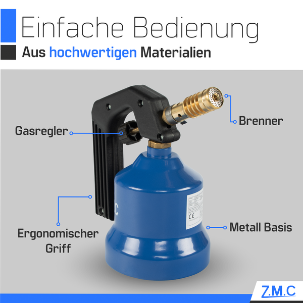 ZMC Gasbrenner 2,2 kW + 10 Gaskartuschen 190 g, Flambierbrenner, Bunsenbrenner, Küchenbrenner mit einstellbarer Flamme, Brenneraufsatz für Camping, Lötbrenner, Lötlampe zum Weich- oder Hartlöten