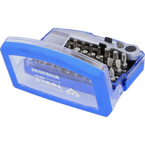 Brilliant Tools Bit-Set mit Ratsche im geöffneten, transparenten, blau umrandeten Kasten