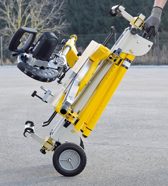 Klappsäge mit Untergestell und Transportrollen