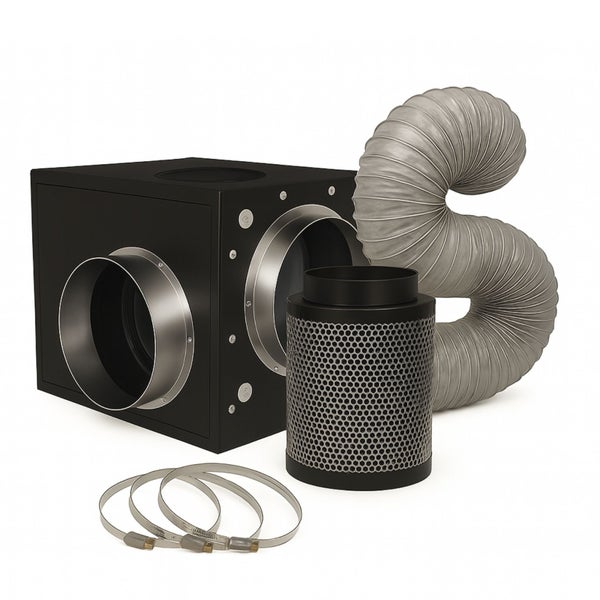 Abluftventilator, Aktivkohlefilter, Abluftschlauch und Rohrschellen