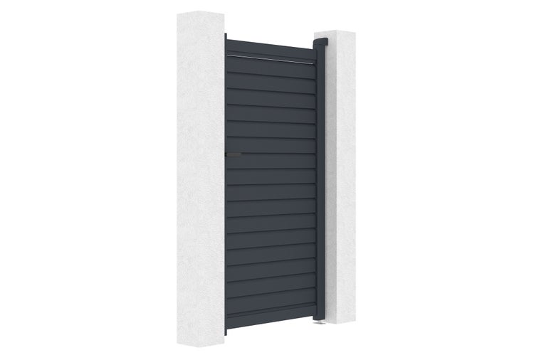 Gartentor aus Aluminium in Anthrazit mit horizontalen Lamellen zwischen zwei Mauerpfosten.