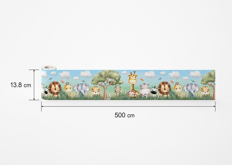 Selbstklebende Bordüre für das Kinderzimmer mit Safari-Motiven wie Löwen und Giraffen, Maße 13,8 Zentimeter hoch und 500 Zentimeter lang.
