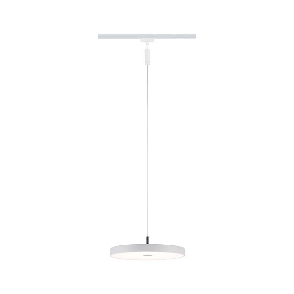 Weiße LED-Pendelleuchte mit flachem, kreisförmigem Design, befestigt an einem weißen Schienensystem.