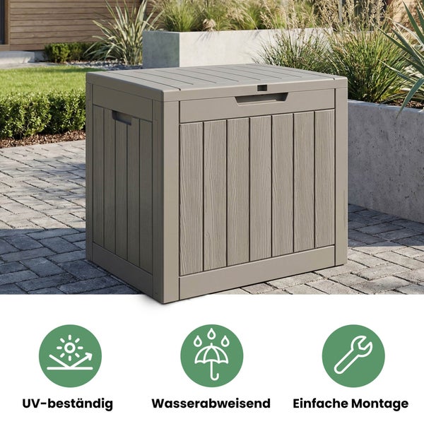 Gartenbox in Holzoptik im Außenbereich, UV-beständig, wasserabweisend und einfache Montage.