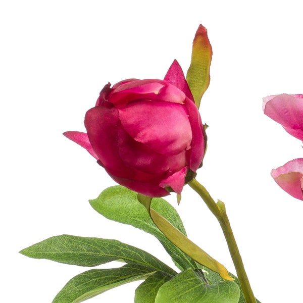 Künstliche Pfingstrosenknospe in Pink mit grünen Blättern.