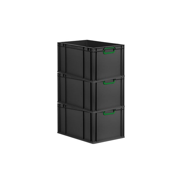 PROREGAL SuperSparSet 3x Eurobox NextGen Color, HxBxT 32x40x60cm, 65 Liter, Griffe grün geschlossen, Verstärkter Boden, Schwarz, Eurobehälter, Transportbox, Transportbehälter, Stapelbehälter