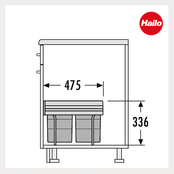 Technische Zeichnung eines Hailo Abfalltrennsystems im Unterschrank mit Maßen 475 Millimeter Breite und 336 Millimeter Höhe. Hailo Logo.