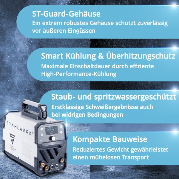 STAHLWERK Schweißgerät mit ST-Guard-Gehäuse, intelligenter Kühlung, Überhitzungsschutz, Staub- und Spritzwasserschutz und Kompakter Bauweise.
