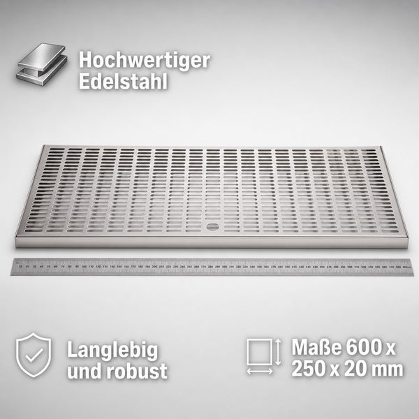 Abtropfblech aus Edelstahl mit Schlitzmuster und Maßen von 600 mal 250 mal 20 Millimeter.