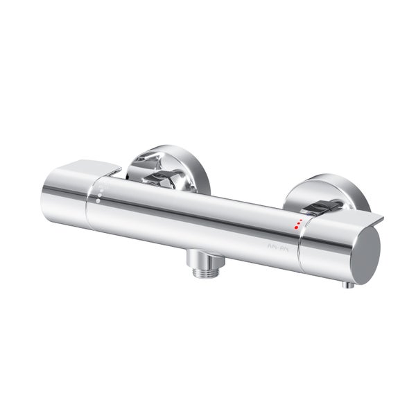 Thermostat-Duscharmatur aus verchromtem Metall mit runden Griffen und Eco-Funktion.