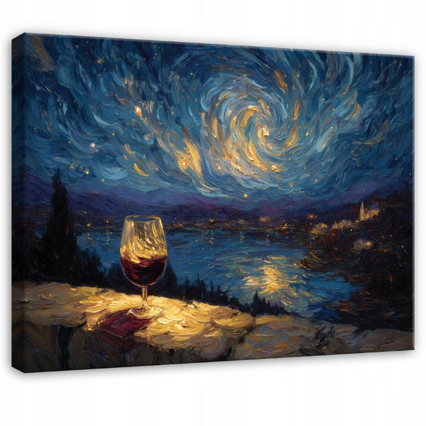 Gemälde mit einem Weinglas vor einer nächtlichen Landschaft