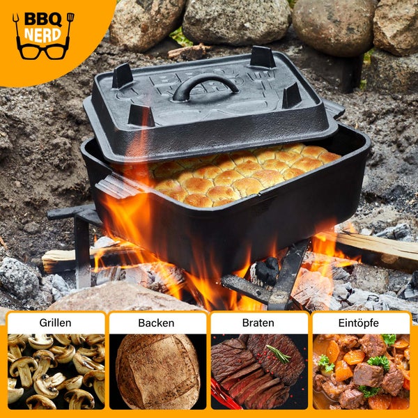BBQ-Nerd Dutch Oven Brottopf - Kastenform mit Deckel 5,5 L | Brotbackform mit gerillter Steakpfanne - für Kuchen Brot Auflauf Braten | Feuertopf für alle Herdarten, Öfen und Grillgeräte