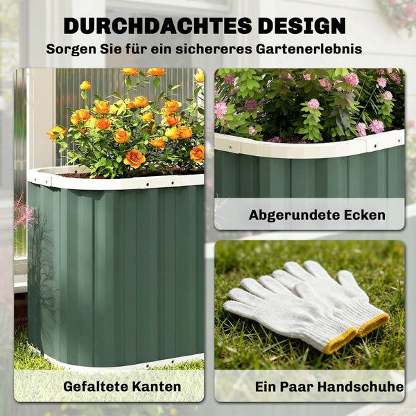 Hochbeet aus Wellblech mit gefalteten Kanten, abgerundeten Ecken und einem Paar Gartenhandschuhen.