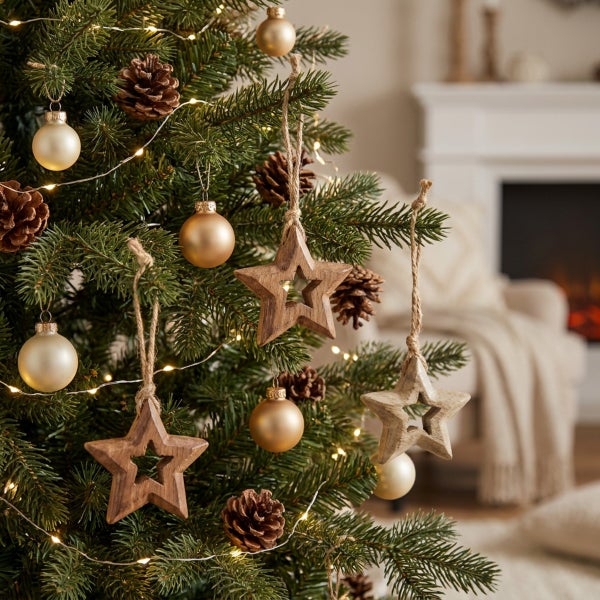 Weihnachtsbaum mit Sternanhängern aus Holz, Tannenzapfen und Kugeln sowie einer Lichterkette im Wohnzimmer mit Kamin im Hintergrund.