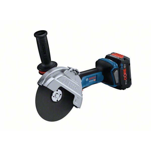 Bosch Akku-Winkelschleifer mit 18 Volt ProCORE Akku, Zusatzhandgriff und Schutzhaube.