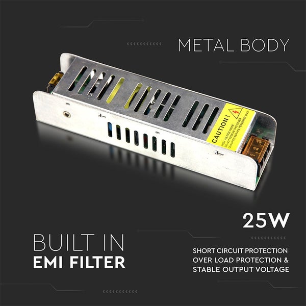 25-Watt-Netzteil mit Metallgehäuse und eingebautem elektromagnetischem Interferenzfilter für Kurzschlussschutz, Überlastschutz und stabile Ausgangsspannung.
