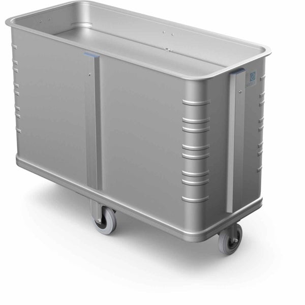 Zarges Transportwagen aus Aluminium mit tiefem Behälter und vier Rollen.