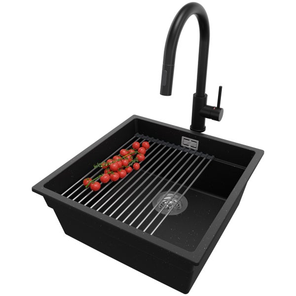 PRIMAGRAN Unterbauspüle Granit Schwarz Metallic 46x47cm, Spülbecken 1 Becken + Küchenarmatur 40x20cm + Ablauf-Set + Aufrollbare Abtropffläche, Granitspüle ab 50er Unterschrank - Praga