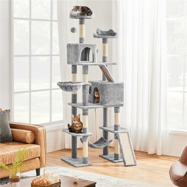 Mehrstöckiger Katzenbaum mit Liegeflächen, Kratzsäulen und Katzenhäusern für Kletter- und Spielaktivitäten