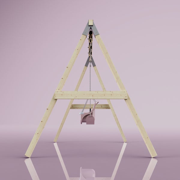 Holzschaukel Set mit rosa Kleinkindersitz und Brettschaukelsitz an einem stabilen Gestell aus hellem Holz mit grauen Metallverbindern.