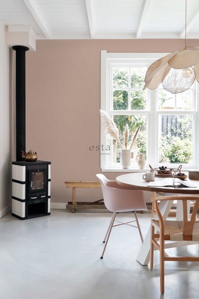 Wohnraum mit Kaminofen, Esstisch, Stühlen und Fenster für ein gemütliches Ambiente