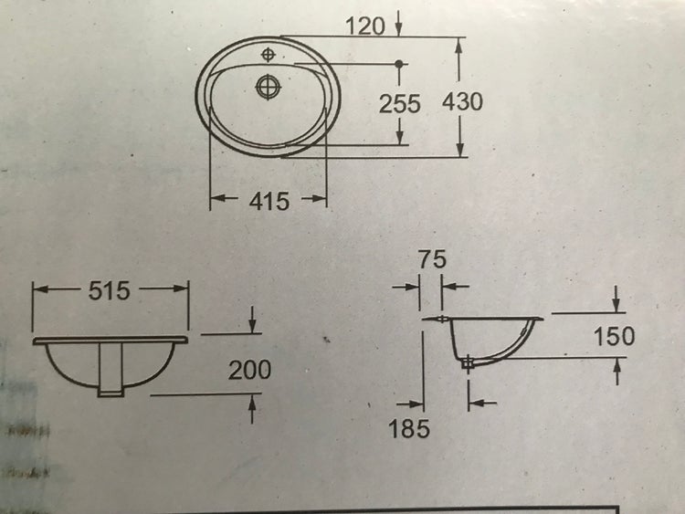 Technische Zeichnung eines Waschbeckens mit Maßangaben