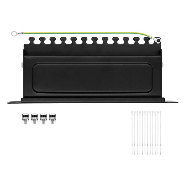 Schwarze 10 Zoll Rack Kabelmanagement Halterung mit Erdungskabel, Käfigmuttern und Kabelbindern.
