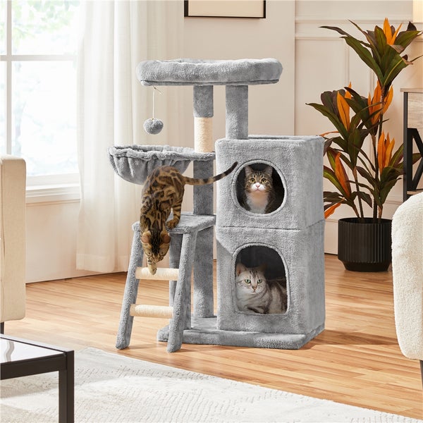 Grauer Katzenkratzbaum mit Katzenhaus, Liegeflächen und Spielzeug