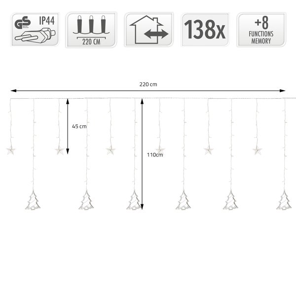 ECD Germany LED Fenster Lichtervorhang 220cm mit 138 LEDs Warmweiß, Weihnachtsbäume und Sterne, 8 Funktionen, Weihnachtsdeko Fensterdeko für Innen/Außen, Weihnachten Lichterkette Weihnachtsbeleuchtung