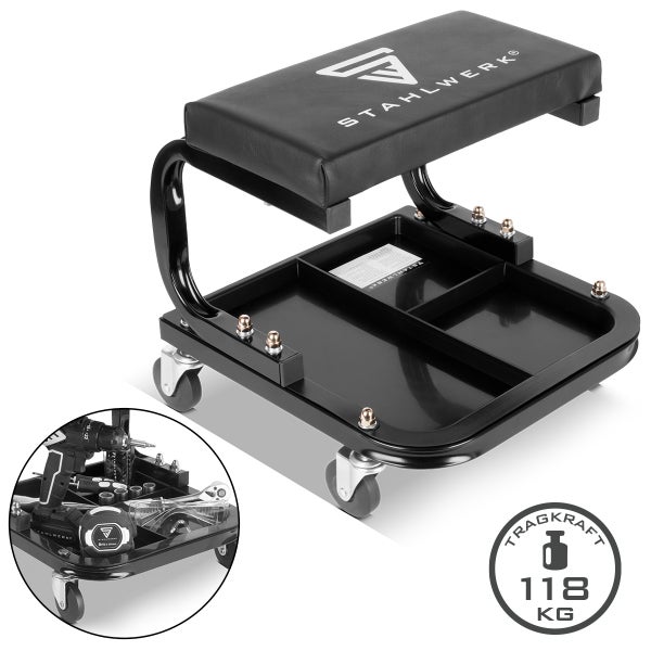Werkstatthocker mit Rollen, Ablage und Stahlwerk Logo