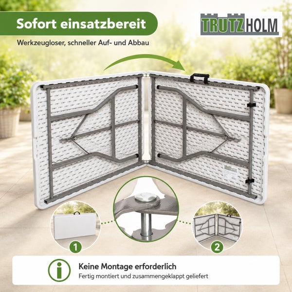 Trutzholm Logo. Weißer Klapp-Buffettisch mit Metallgestell. Faltbar zum Koffer, keine Montage erforderlich, sofort einsatzbereit.