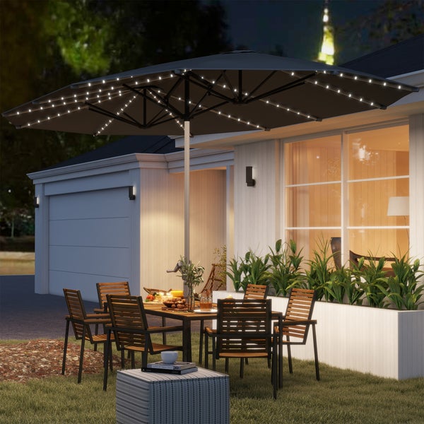 Outsunny Doppelsonnenschirm mit Solar LED Lichtern 451x267 cm Aluminium UV 50+ Sonnenschirm mit Handkurbel, Balkonschirm windfest Marktschirm Sonnenschutz für Strand Balkon Garten, Dunkelgrau