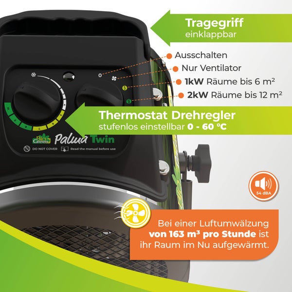 Gewächshausheizung & Lüfter PALMA TWIN mit digitalem Thermostat