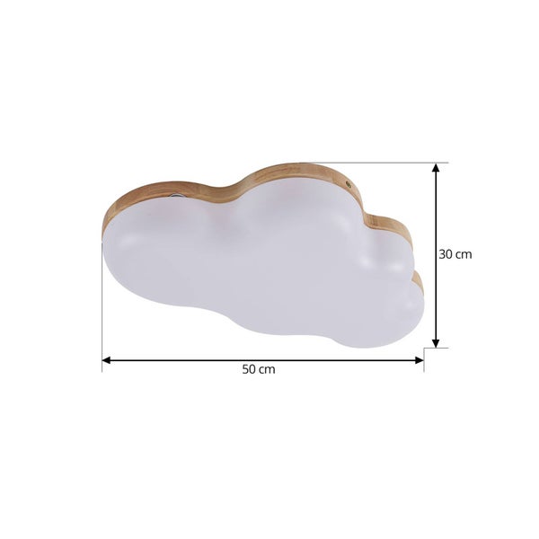 Wolkenförmige Kinderzimmer-Deckenleuchte aus Holz und Kunststoff, Breite 50 Zentimeter, Höhe 30 Zentimeter.