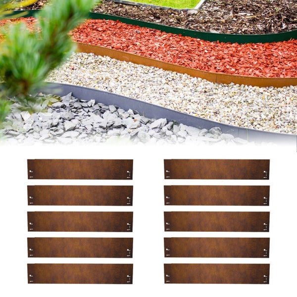 Set aus zehn Beetkanten aus Metall in Rostoptik zur flexiblen Abgrenzung von Gartenbeeten und Wegen.