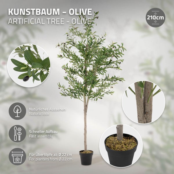 ML-Design Künstlicher Olivenbaum 210 cm, Künstliche Pflanzen groß, Kunstpflanze mit Naturholzstamm und Früchten, Fake Plastikpflanzen im Topf für Indoor Outdoor, Kunstbaum wie echt für Wohnzimmer Büro