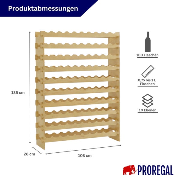 Abmessungen des Proregal Weinregals aus Holz: 135 Zentimeter hoch, 103 Zentimeter breit, 28 Zentimeter tief. Kapazität für 100 Flaschen.