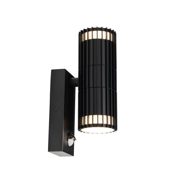 Schwarze zylindrische Außenwandleuchte mit Bewegungsmelder und geriffeltem Design.