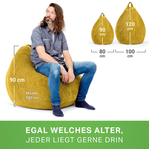 Green Bean Indoor Sitzsack 90x110cm EPS-Perlen Füllung & Cordstoff Kuschelig Weich Waschbar - Drinnen Bodenkissen Liegekissen Sitzkissen Sitzhocker Relax-Sessel Kinder Erwachsene Stoff Gelb