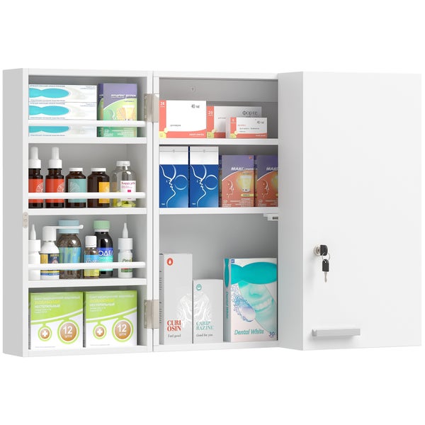 Weißer Medizinschrank aus Metall mit offener Tür, mehreren Regalböden gefüllt mit Medikamenten und Verbandzeug, abschließbar mit Schlüssel.