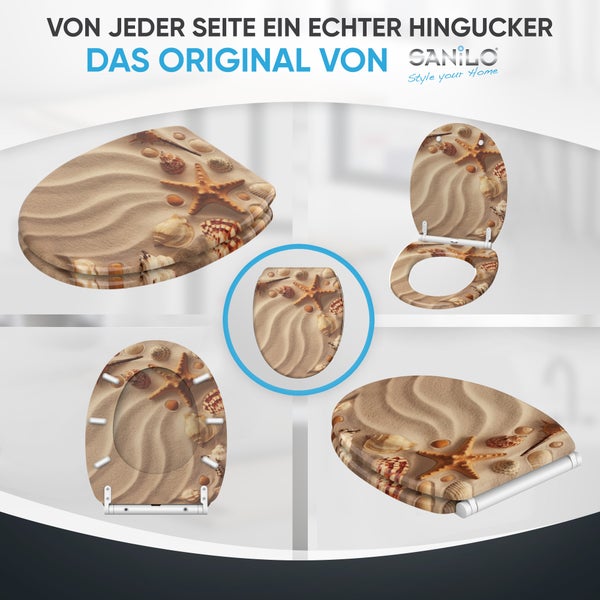 Sanilo WC-Sitz mit Strandmotiv aus Sand, Seesternen und Muscheln in verschiedenen Ansichten und Sanilo Logo.