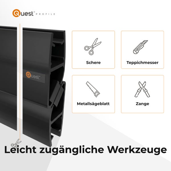 Quest Profile Kunststoffprofil mit Symbolen für die Bearbeitung mit Schere, Teppichmesser, Metallsägeblatt und Zange.