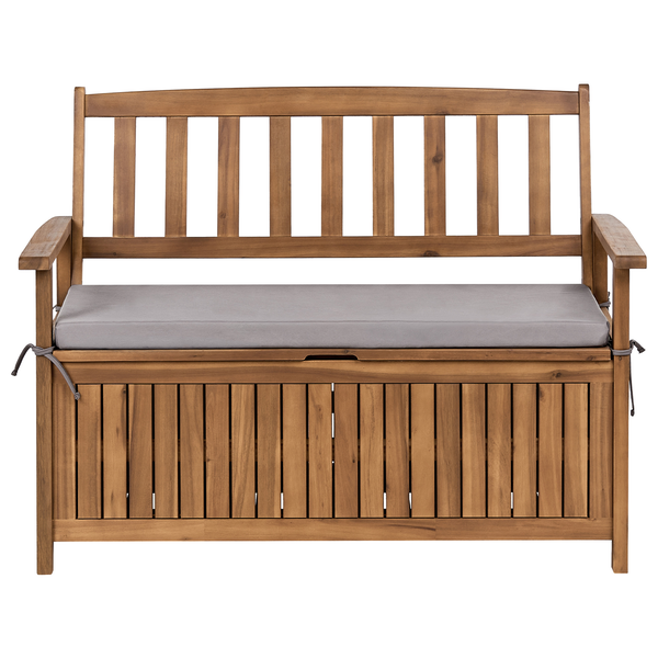 Gartenbank aus Holz mit integrierter Truhe und passendem Sitzkissen.