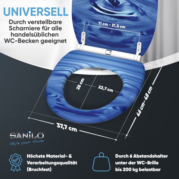 Sanilo WC Sitz mit Wassertropfen Motiv und verstellbaren Scharnieren inklusive Maßangaben zur Montage und Belastbarkeit bis 200 Kilogramm