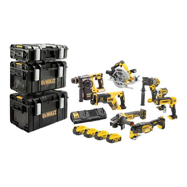 DeWALT 18 Volt Akku-Werkzeug-Set mit 8 Maschinen, 4 Akkus, Ladegerät und 3 robusten Werkzeugboxen für professionelle Anwendungen.