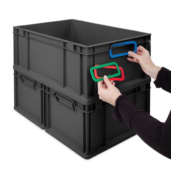 PROREGAL SuperSparSet 10x Eurobox NextGen Color mit Auflagedeckel und Schiebeschnappverschlüsse, HxBxT 17x30x40cm, 16 Liter, Schwarz, Griffe rot offen, Eurobehälter, Transportbox, Transportbehälter, Stapelbehälter