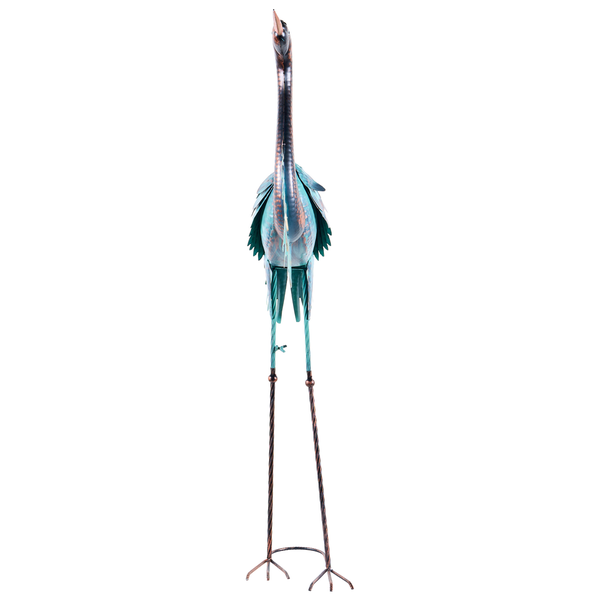 Gartenfigur Reiher aus Metall, stehend mit gestrecktem Hals.