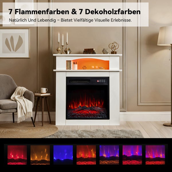 Elektrischer Kamin mit sieben Flammfarben und sieben Farben für das Deko-Holz in einem Wohnzimmer
