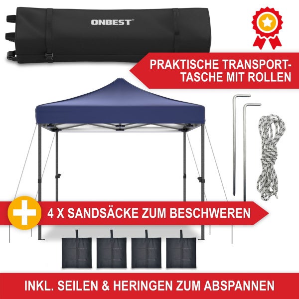 Blauer Faltpavillon Set mit Transporttasche mit Rollen, vier Sandsäcken, Seilen, Heringen und Qualitätssiegel. ONBEST Logo.